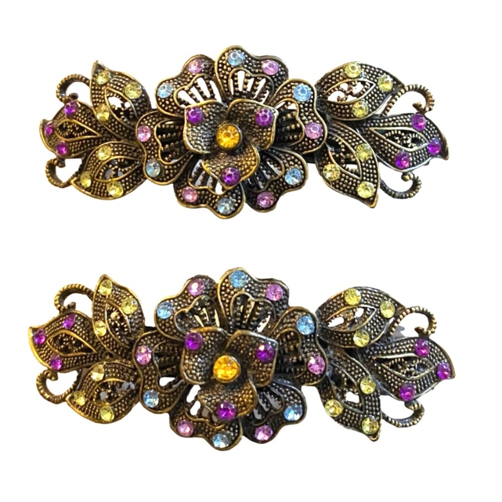 Antique Silver Tone Floral Crystal Barrette Pair - Picture 2 of 5